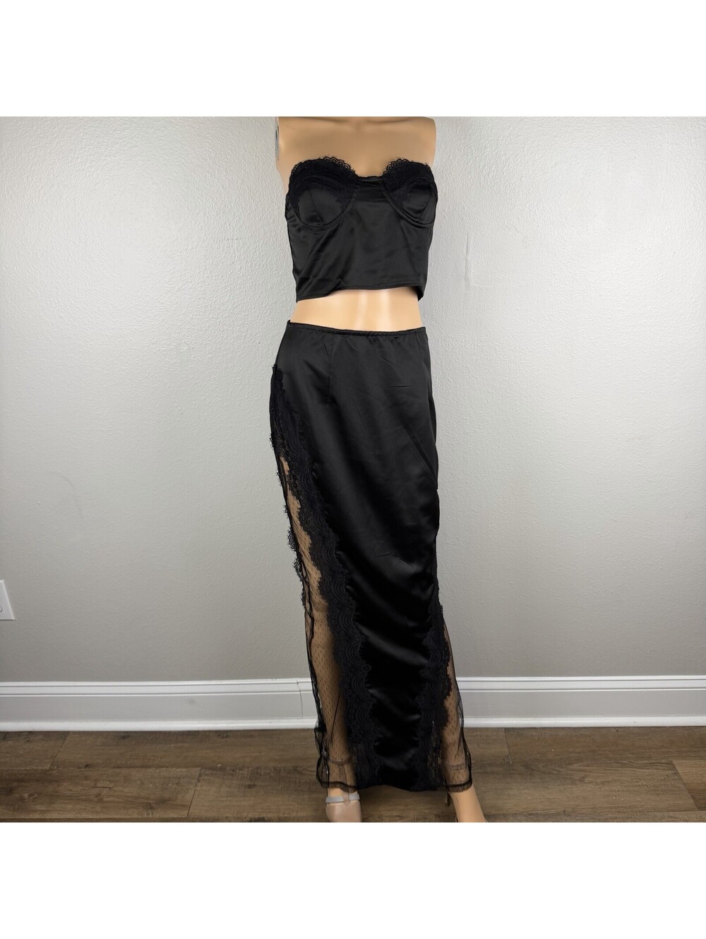 Y2K Black Satin Lace Maxi Skirt Corset Top 2 Piece Set Goth Gothic S